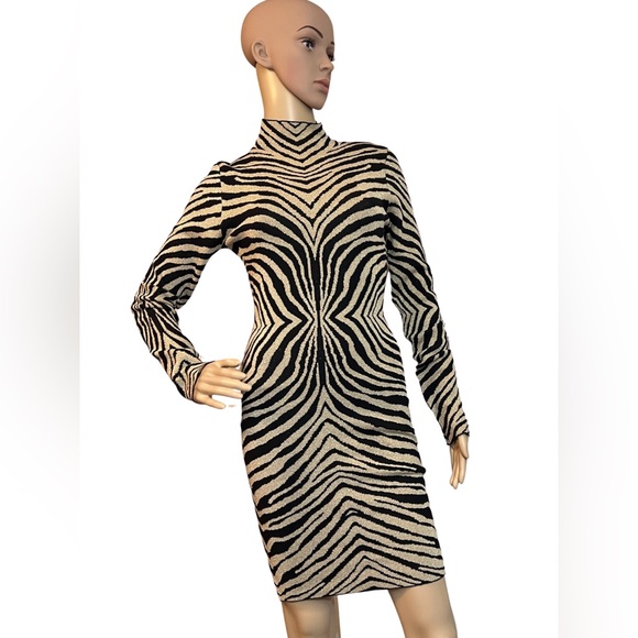 Akira NWT Black Gold Shimmer Zebra Print Body-con Knit Mini Dress (0458) - Picture 2 of 12